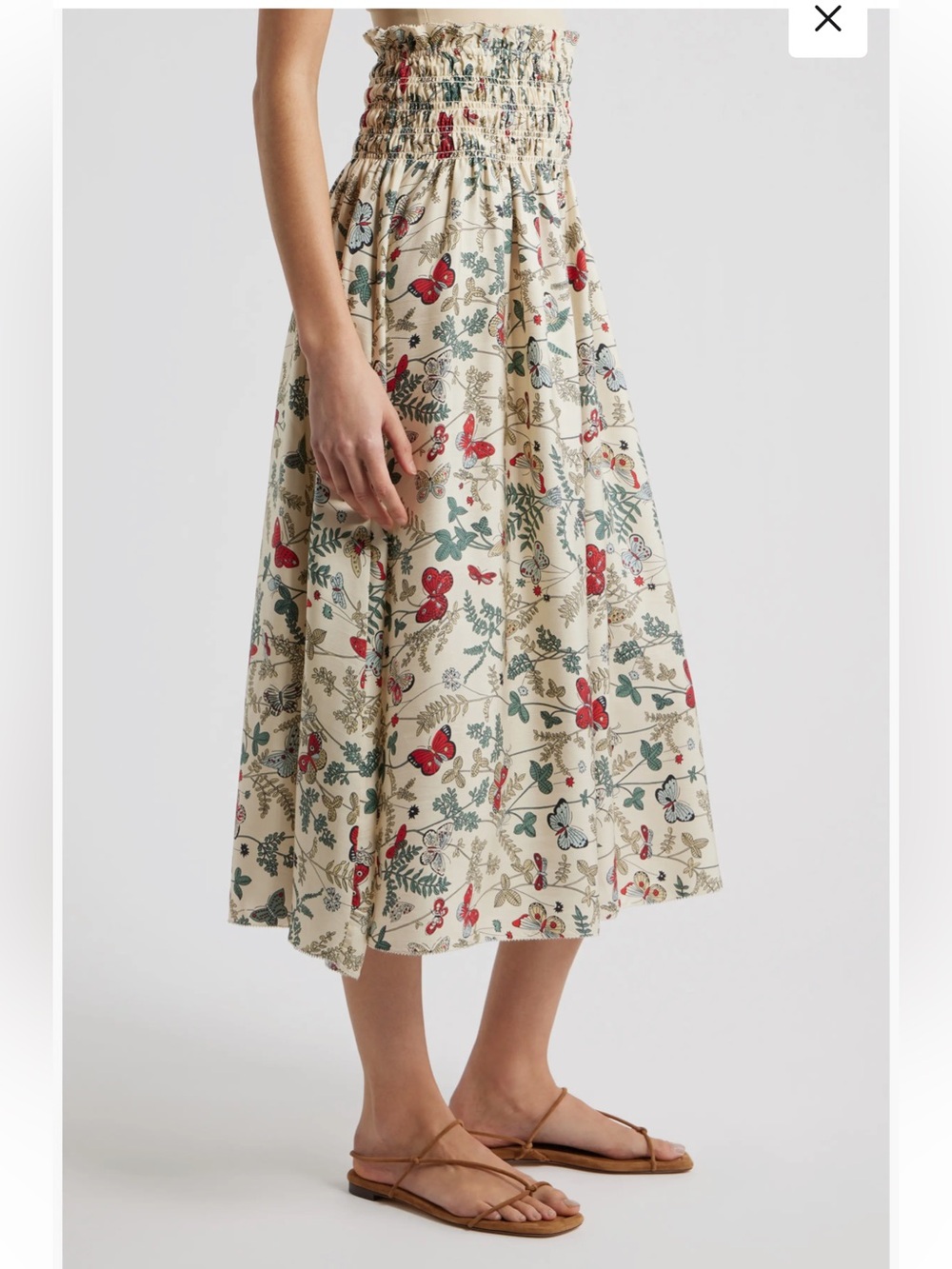 THE GREAT. Smocked-Waist Maxi Skirt in Cream with Red & Green Floral Print M - Picture 6 of 6